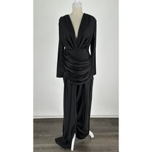 Issue New York Deep V Neck Jumpsuit Long Sleeve Womens Medium Black Nylon New